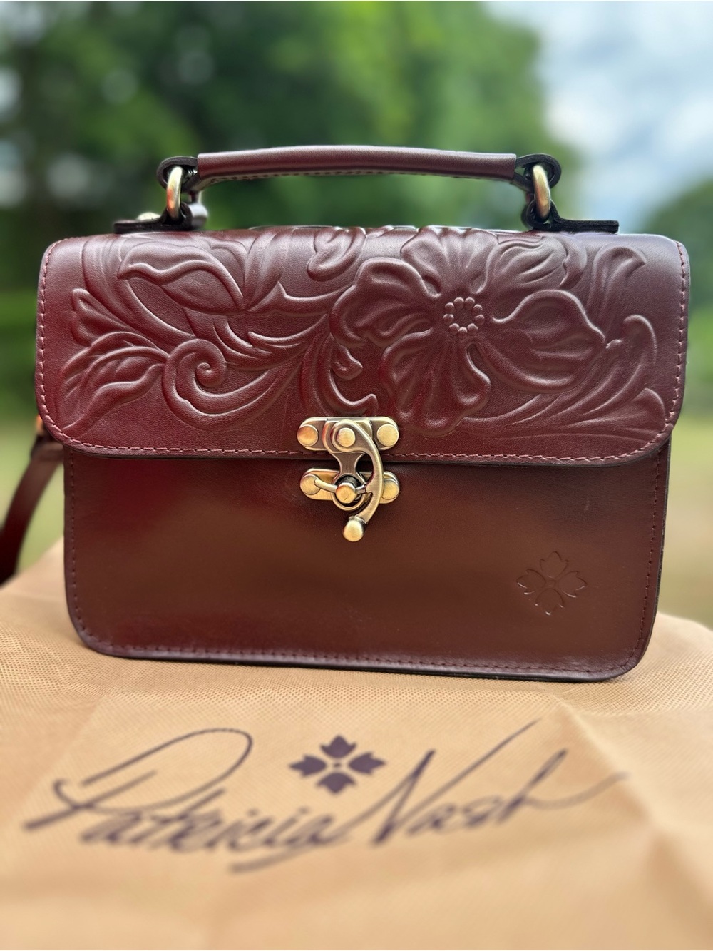 Patricia Nash Floral-Embossed Leather Satchel in Burgundy